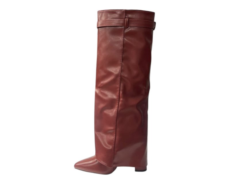 Knee High Faux Leather Fold Over Wedge Heel Boots - Boots - British D'sire