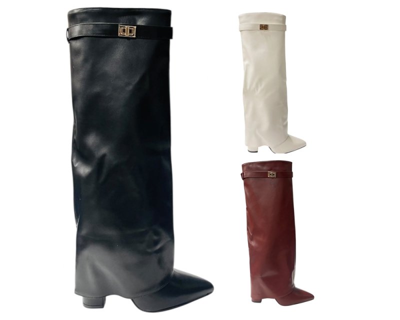 Knee High Faux Leather Fold Over Wedge Heel Boots - Boots - British D'sire