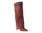 Knee High Faux Leather Fold Over Wedge Heel Boots - Boots - British D'sire