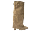 Knee High Faux Suede Fold Over Block Heel Boots - Boots - British D'sire