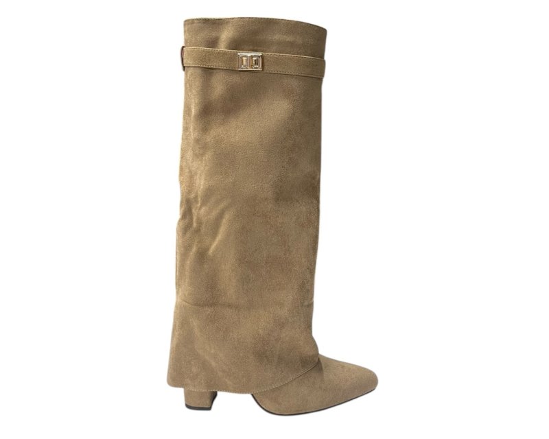 Knee High Faux Suede Fold Over Block Heel Boots - Boots - British D'sire