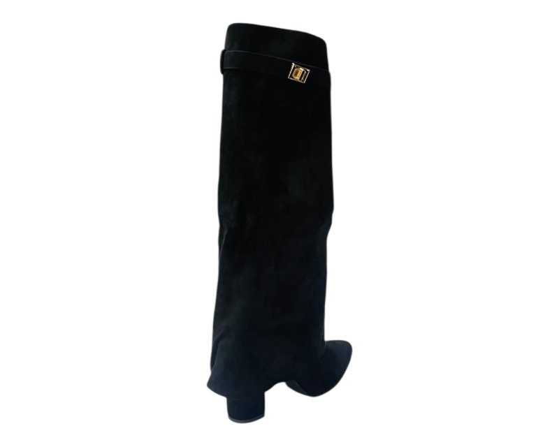 Knee High Faux Suede Fold Over Block Heel Boots - Boots - British D'sire