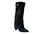 Knee High Faux Suede Fold Over Block Heel Boots - Boots - British D'sire