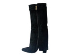 Knee High Faux Suede Fold Over Block Heel Boots - Boots - British D'sire