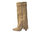 Knee High Faux Suede Fold Over Block Heel Boots - Boots - British D'sire