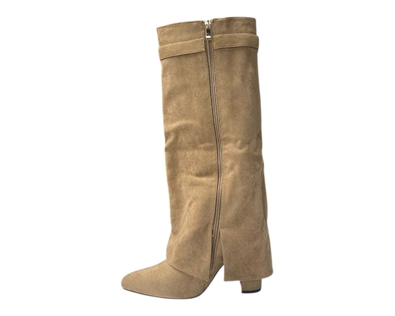 Knee High Faux Suede Fold Over Block Heel Boots - Boots - British D'sire