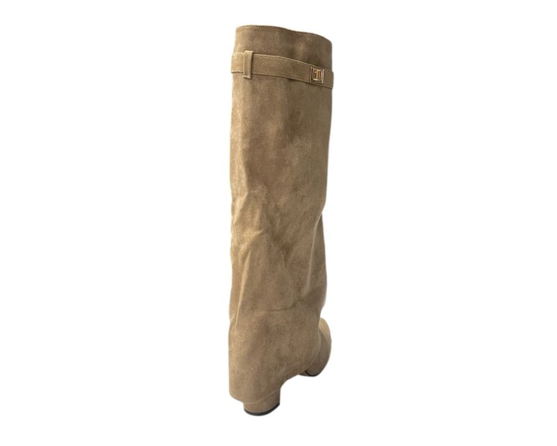 Knee High Faux Suede Fold Over Block Heel Boots - Boots - British D'sire