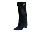 Knee High Faux Suede Fold Over Block Heel Boots - Boots - British D'sire