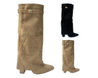 Knee High Faux Suede Fold Over Block Heel Boots - Boots - British D'sire