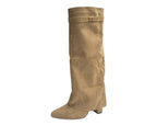 Knee High Faux Suede Fold Over Block Heel Boots - Boots - British D'sire