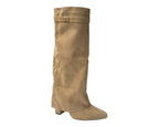 Knee High Faux Suede Fold Over Block Heel Boots - Boots - British D'sire
