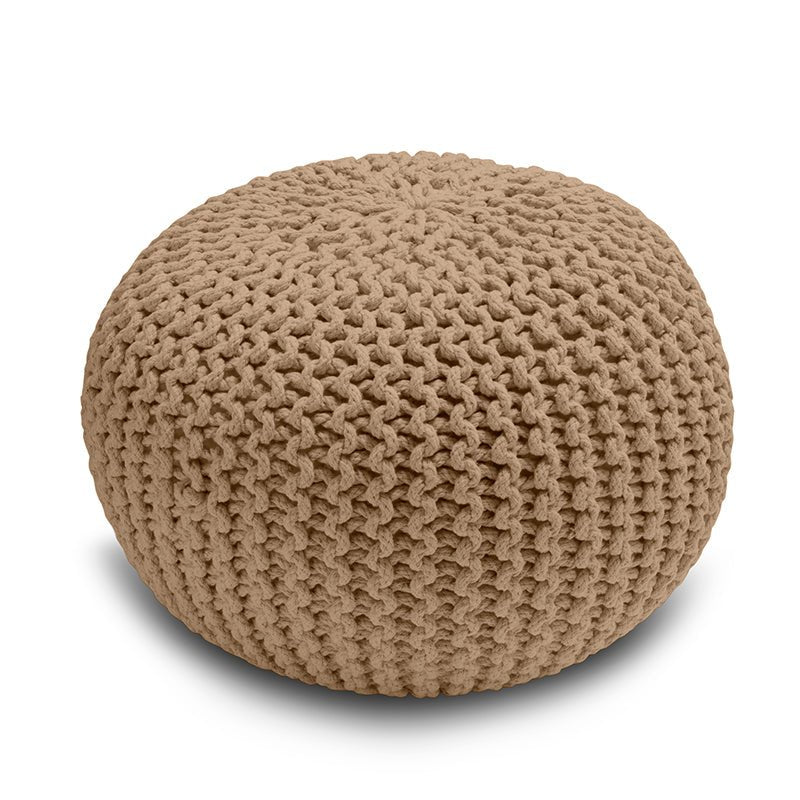 Knitted Pouffe Chunky Round Footstool Ottoman 100% Cotton - Tan - British D'sire