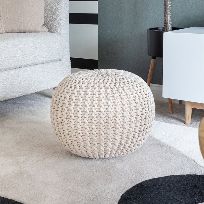 Knitted Pouffe Chunky Round Footstool Ottoman 100% Cotton - Tan - British D'sire