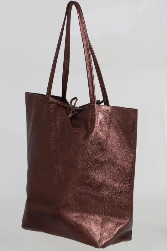 Ladies Soft Italian Real Leather Metallic Shopper Tote Bags Women Girls College Shoulder Handbags for Women - Leather Handbag - British D'sire