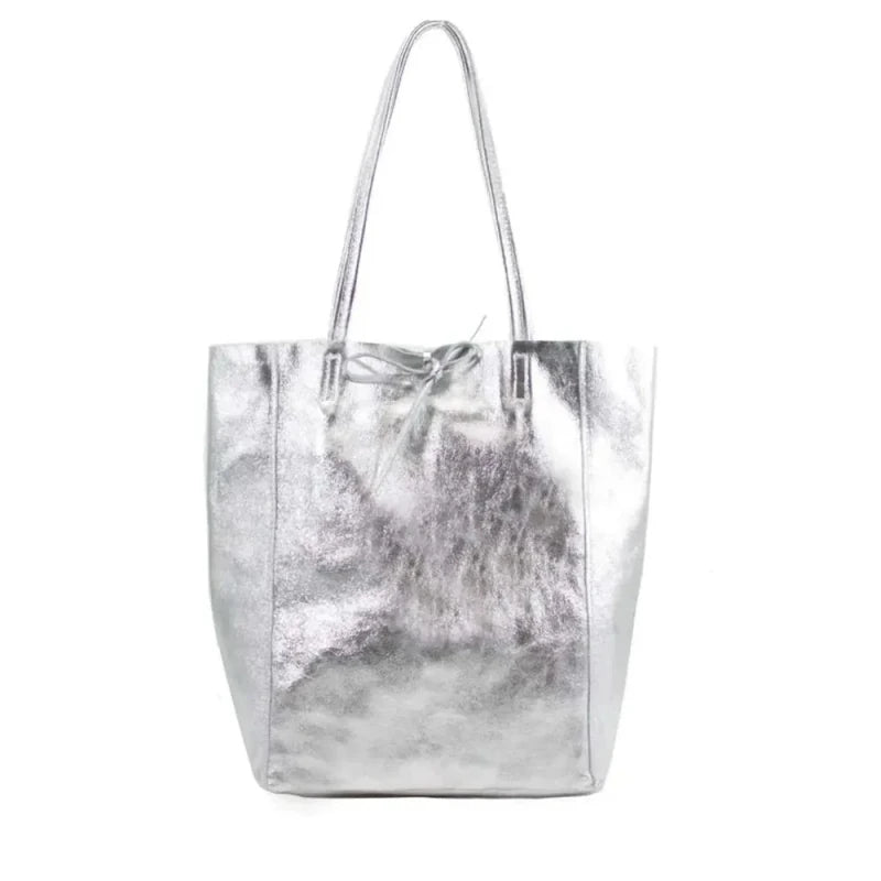 Ladies Soft Italian Real Leather Metallic Shopper Tote Bags Women Girls College Shoulder Handbags for Women - Leather Handbag - British D'sire