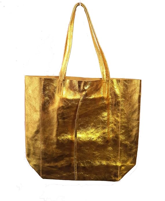 Ladies Soft Italian Real Leather Metallic Shopper Tote Bags Women Girls College Shoulder Handbags for Women - Leather Handbag - British D'sire