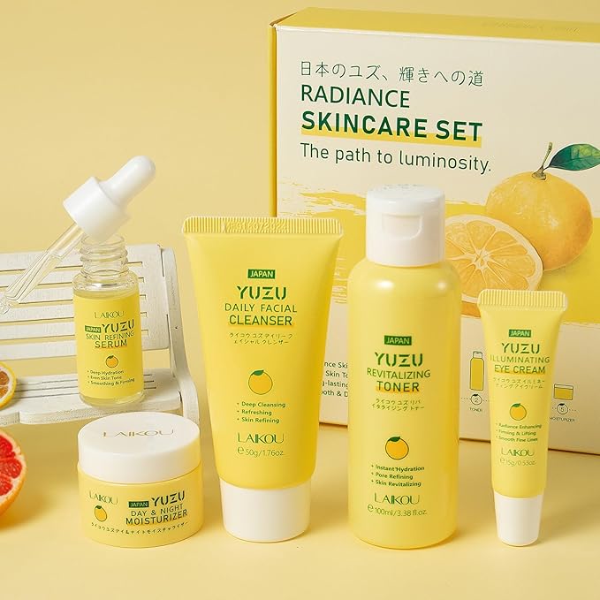 LAIKOU YUZU Radiance Skincare Set, Skin Care Sets & Kits with Cleanser, Toner, Serum, Eye Cream, Moisturizer, Skin Care for Teenage Girls Gift Set, Pamper Sets for Women Gifts, All Skin Types - Skin Care Kit - British D'sire Main image