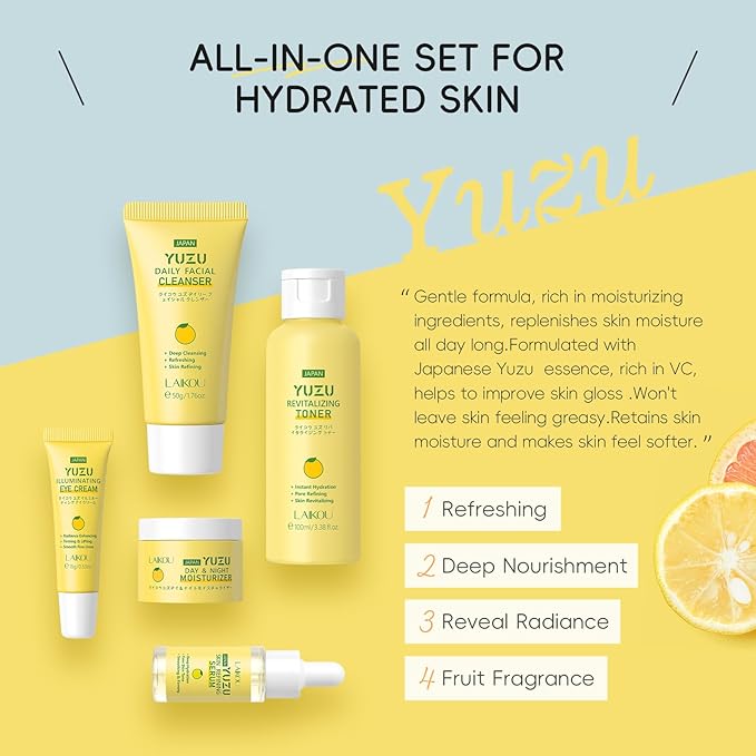 LAIKOU YUZU Radiance Skincare Set, Skin Care Sets & Kits with Cleanser, Toner, Serum, Eye Cream, Moisturizer, Skin Care for Teenage Girls Gift Set, Pamper Sets for Women Gifts, All Skin Types Secondary image