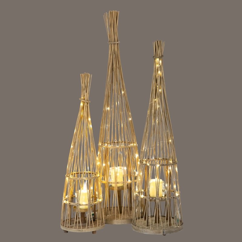 Large Conical Wicker Lantern With Glass Holder & LED Lights - Lanterns - British D'sire