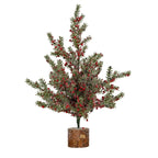 Large Frosted Winter Berry Tree On Wooden Block - Christmas Decor - British D'sire