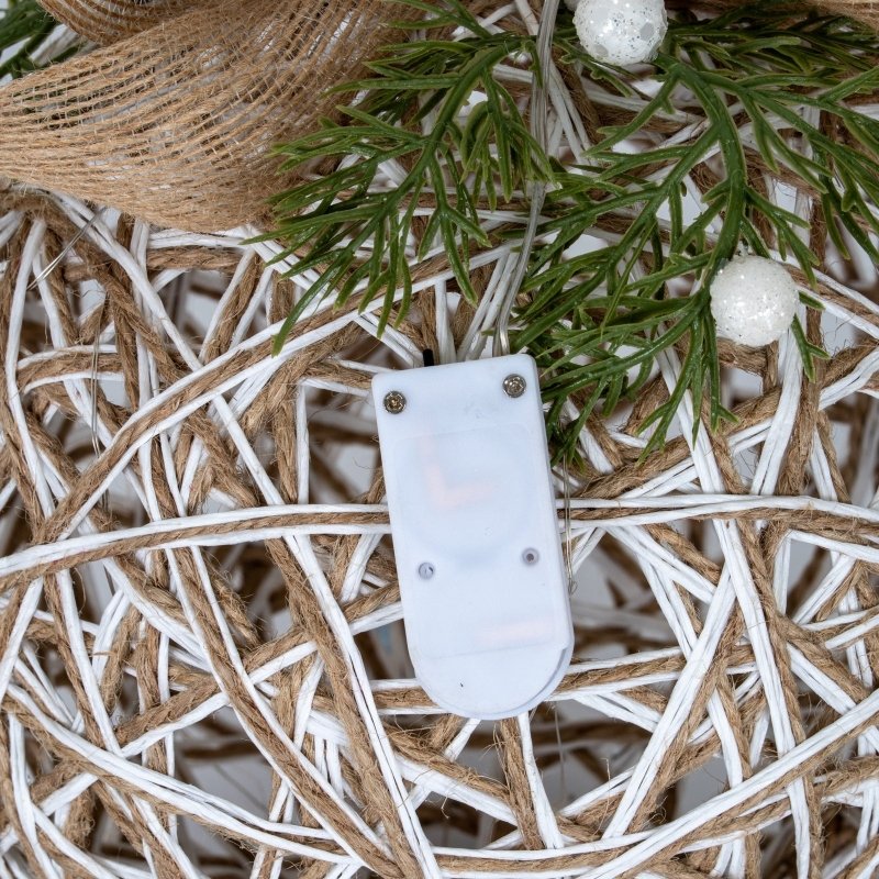 Large LED White Rattan Bauble With Branches And Ribbon - Christmas Decor - British D'sire