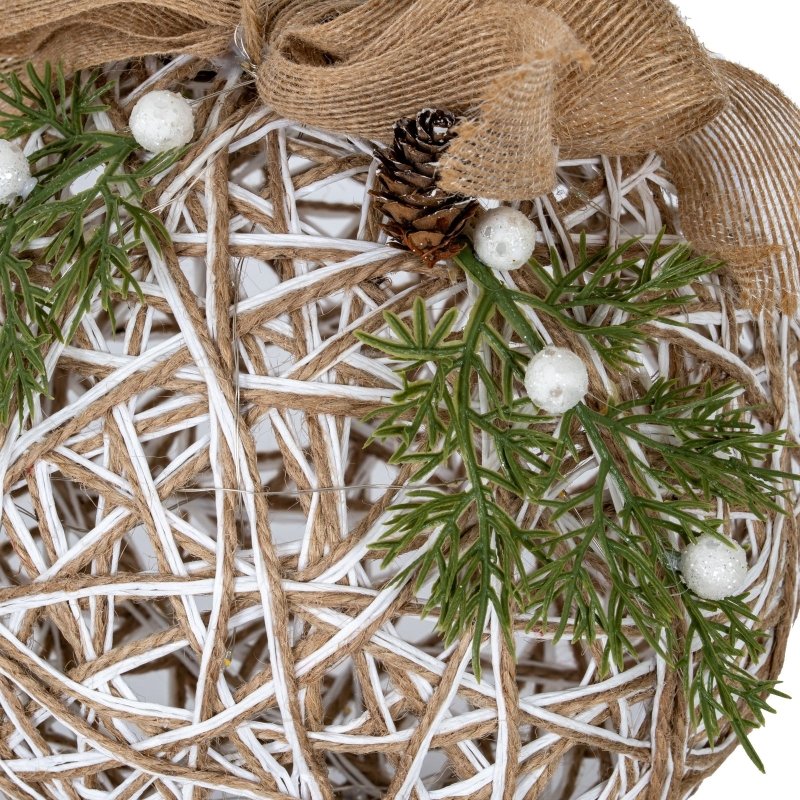 Large LED White Rattan Bauble With Branches And Ribbon - Christmas Decor - British D'sire