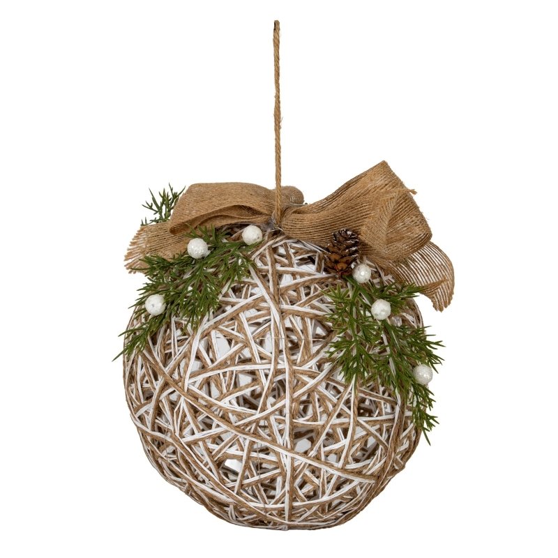 Large LED White Rattan Bauble With Branches And Ribbon - Christmas Decor - British D'sire