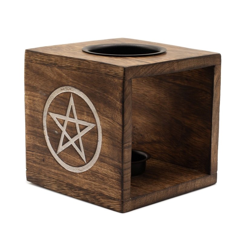 Large Square Mango Wood Oil Burner- Pentagon - Cool Designs Oil Burners - British D'sire Main image