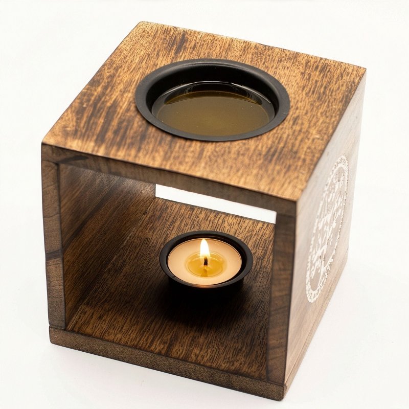 Large Square Mango Wood Oil Burner- Pentagon - Cool Designs Oil Burners - British D'sire