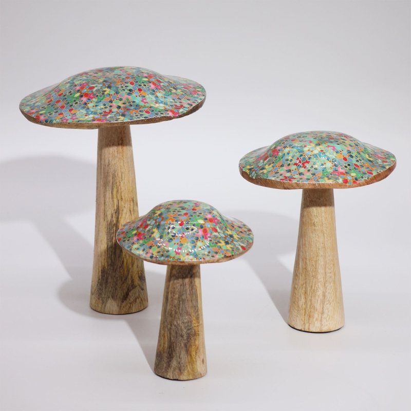 Large Wooden Mushroom - Mediterranean Tile Pattern - Enamel Mushrooms - British D'sire