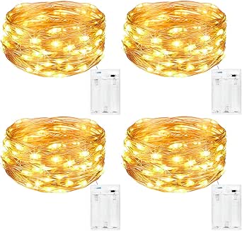 Lazio Kolpop Battery Operated Fairy Lights – 4 Pack, 5m Warm White 50 LED Copper Wire String Lights | Twinkle Lights for Bedroom, Wedding, Party & DIY Indoor Decorations | Energy - Efficient Christmas Tree Lights - Christmas String Lights - British D'sire