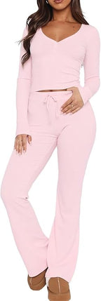 Lazio LACOZY Women's 2 - Piece Pyjama Set | Sexy Long Sleeve Lounge Wear with V - Neck Shirt | Casual Workout Set for Gym, Yoga & Relaxation | Comfortable, Lightweight Fabric for Women Seeking Style & Comfort - Women's Pyjama Sets 2 Piece - British D'sire