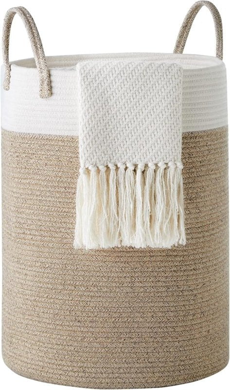 Lazio Large Cotton Rope Storage Basket – 58L Blanket Basket with Handles (38cm x 50cm) | Woven Toy Organizer and Laundry Hamper in White & Brown | Stylish and Durable Nursery Décor for Home Organization - Decor Laundry - British D'sire