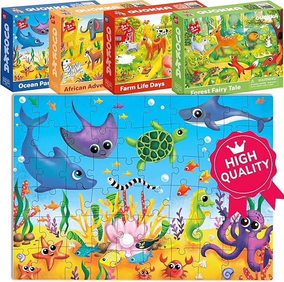 Lazio QUOKKA 4x60 Jigsaw Puzzles for Kids | Educational Toddler Toy for Ages 3 - 8 | Africa, Farm, Ocean & Forest Animal Themes | Fun Learning Gift for Boys & Girls | Durable Puzzle Set for Cognitive Development - Puzzle - British D'sire