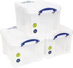 Lazio Really Useful Plastic Storage Box – Bonus Pack of 3 x 35 Litre Clear Containers | Durable, Stackable, Multi - Purpose Organizers for Home, Office & Garage | Lightweight, Transparent Design for Easy Content Identification - Plastic Storage Box - British D'sire