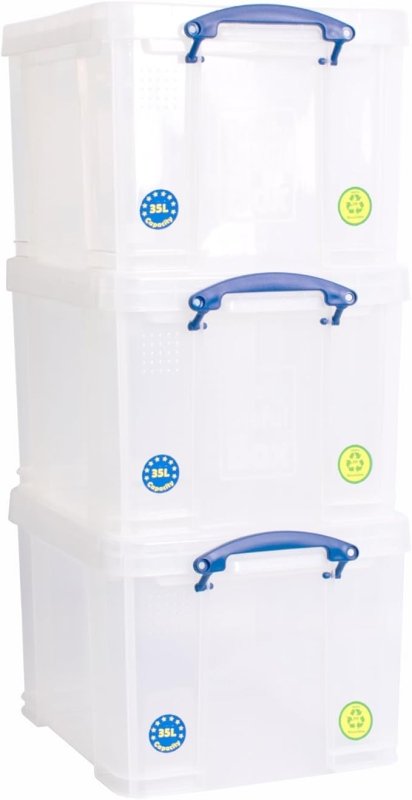 Lazio Really Useful Plastic Storage Box – Bonus Pack of 3 x 35 Litre Clear Containers | Durable, Stackable, Multi - Purpose Organizers for Home, Office & Garage | Lightweight, Transparent Design for Easy Content Identification - Plastic Storage Box - British D'sire