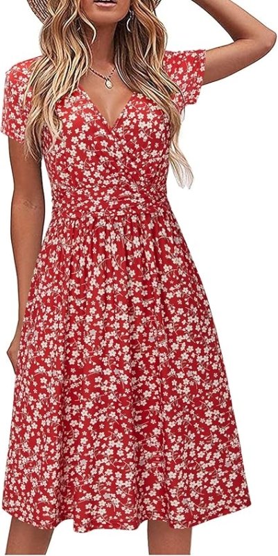 Lazio Women’s Short Sleeve Floral Summer Sundress – V - Neck Wrap Waist Casual Dress with Pockets | Comfortable Lightweight Outfit for Everyday, Parties & Vacations - Dresses - British D'sire