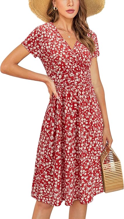 Lazio Women’s Short Sleeve Floral Summer Sundress – V - Neck Wrap Waist Casual Dress with Pockets | Comfortable Lightweight Outfit for Everyday, Parties & Vacations - Dresses - British D'sire