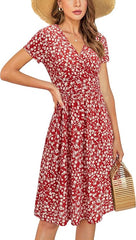 Lazio Women’s Short Sleeve Floral Summer Sundress – V - Neck Wrap Waist Casual Dress with Pockets | Comfortable Lightweight Outfit for Everyday, Parties & Vacations - Dresses - British D'sire