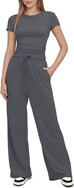 Lazio Women's Summer 2 - Piece Lounge Wear Set – Ruched Short Sleeve Crop Top & Wide Leg High Elastic Waist Pants | Casual Tracksuit Activewear for Leisure & Everyday Comfort | Lightweight, Breathable Design for Stylish Relaxation - Lounge Wear Set - British D'sire