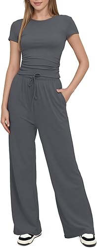 Lazio Women's Summer 2 - Piece Lounge Wear Set – Ruched Short Sleeve Crop Top & Wide Leg High Elastic Waist Pants | Casual Tracksuit Activewear for Leisure & Everyday Comfort | Lightweight, Breathable Design for Stylish Relaxation - Lounge Wear Set - British D'sire