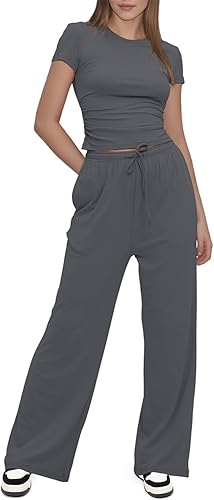 Lazio Women's Summer 2 - Piece Lounge Wear Set – Ruched Short Sleeve Crop Top & Wide Leg High Elastic Waist Pants | Casual Tracksuit Activewear for Leisure & Everyday Comfort | Lightweight, Breathable Design for Stylish Relaxation - Lounge Wear Set - British D'sire