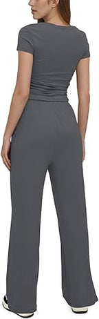 Lazio Women's Summer 2 - Piece Lounge Wear Set – Ruched Short Sleeve Crop Top & Wide Leg High Elastic Waist Pants | Casual Tracksuit Activewear for Leisure & Everyday Comfort | Lightweight, Breathable Design for Stylish Relaxation - Lounge Wear Set - British D'sire