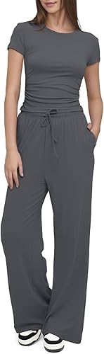 Lazio Women's Summer 2 - Piece Lounge Wear Set – Ruched Short Sleeve Crop Top & Wide Leg High Elastic Waist Pants | Casual Tracksuit Activewear for Leisure & Everyday Comfort | Lightweight, Breathable Design for Stylish Relaxation - Lounge Wear Set - British D'sire Main image