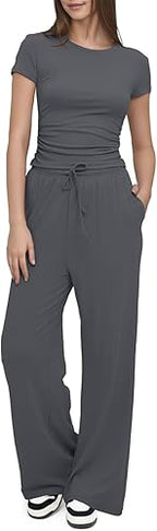 Lazio Women's Summer 2 - Piece Lounge Wear Set – Ruched Short Sleeve Crop Top & Wide Leg High Elastic Waist Pants | Casual Tracksuit Activewear for Leisure & Everyday Comfort | Lightweight, Breathable Design for Stylish Relaxation - Lounge Wear Set - British D'sire