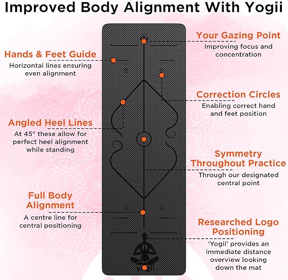 Lazio Yogii Exercise Yoga Mat & Resistance Bands Set | 6mm Thick Non - Slip TPE Mat | Travel - Friendly, Perfect for Home, Gym, Pilates & Fitness Workouts | Laser Alignment Guides for Men & Women - yoga mat - British D'sire