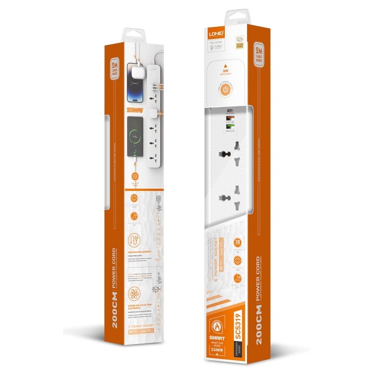 LDNIO SC5319 5 - position Travel Home Office Socket with 38W USB Ports, Cable Length: 2m(UK Plug) - British D'sire
