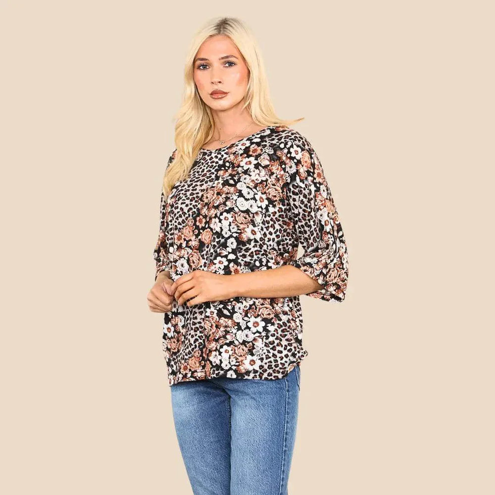 Women's Floral Print ¾ Sleeve Blouse - Round Neck Casual Loose Relaxed Fit Top for Ladies, Business Office Work Streetwear Fall Summer Fashion - Elaina Fashion