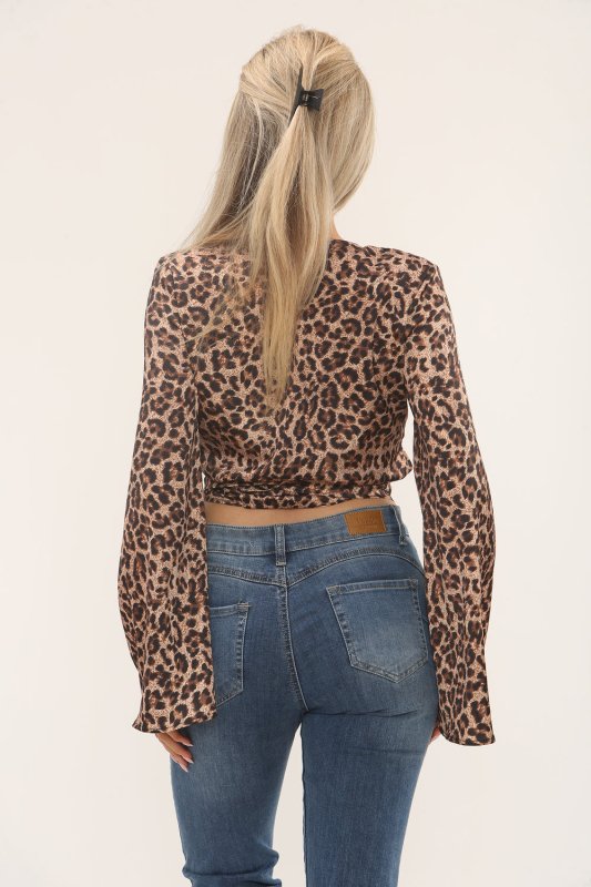 Leopard Print Wrap Top with Flared Sleeves - Top - British D'sire
