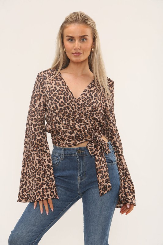 Leopard Print Wrap Top with Flared Sleeves - Top - British D'sire Main image